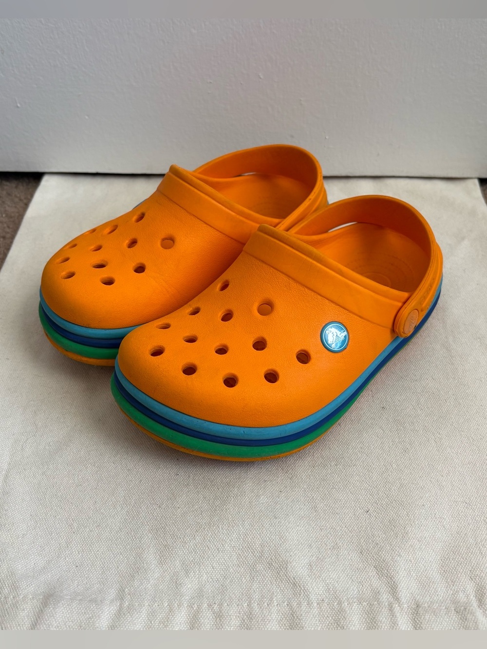 Crocs Crocband Kids Orange Blue Green Slip-On Clog Stripe Sole US Junior 1